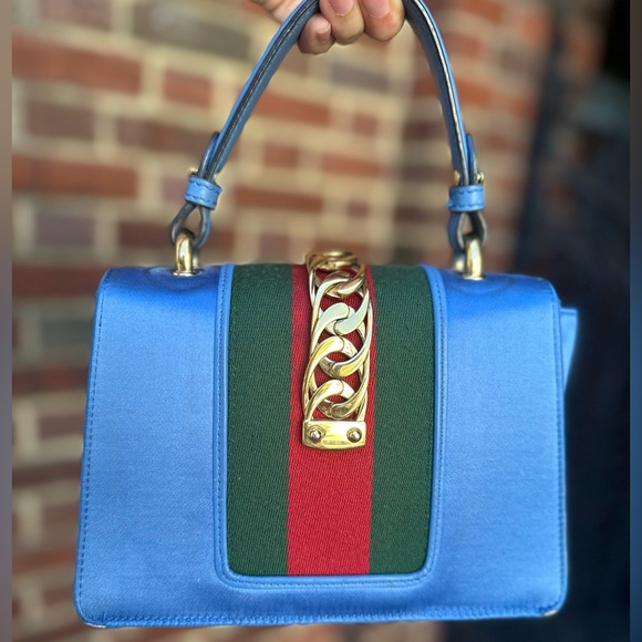 Gucci Sylvie Crystal Blue Top Handle Satchel Bag Removable Rope Crossbody Mini - Picture 9 of 17